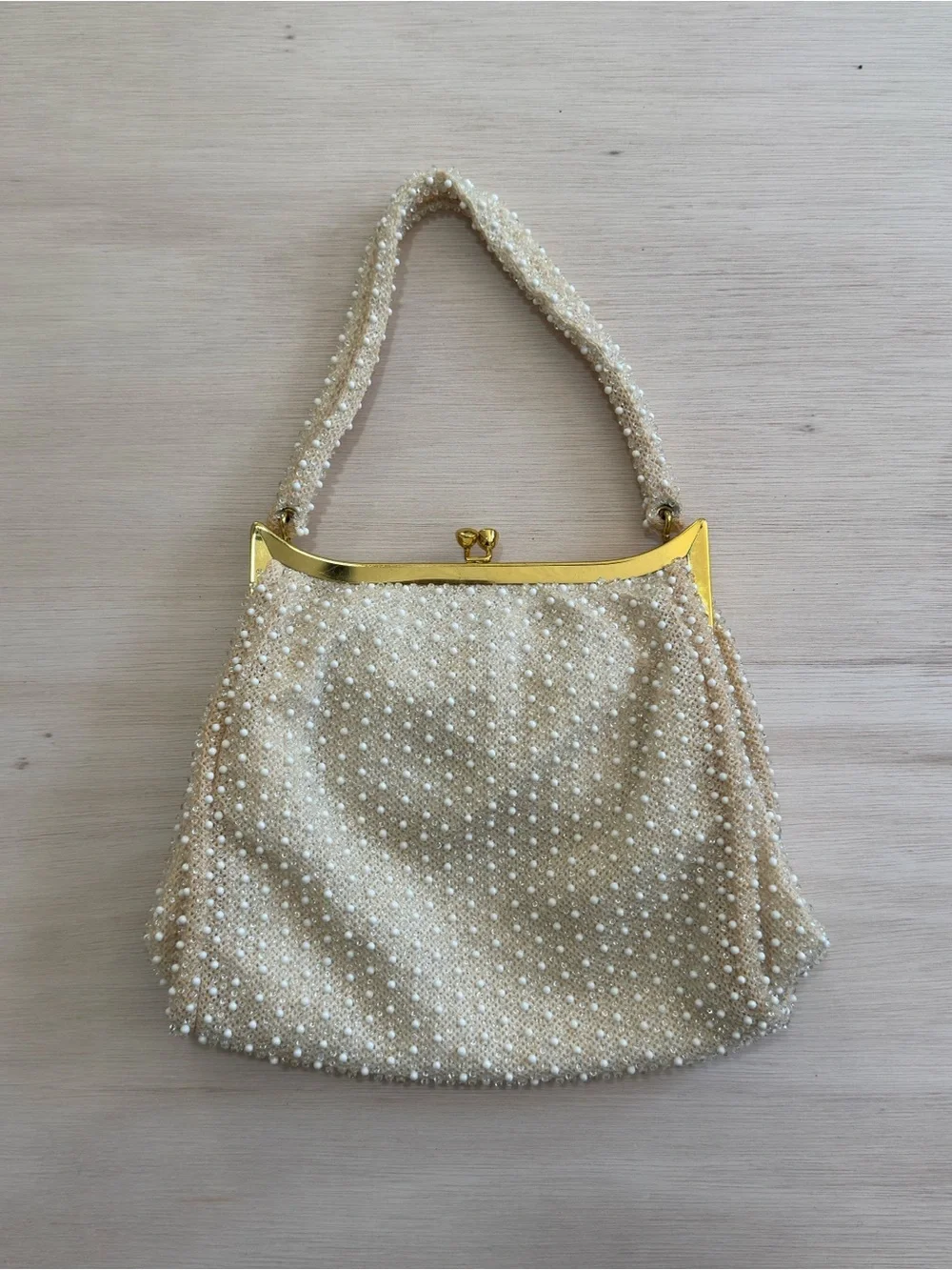 Elegant Cream bead-Embellished Evening Clutch with Gold Frame coin purse &mirror